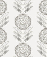 Folk Flowers “Morning Fog” peel and stick floral wallpaper in soft grey on an off-white ground.