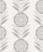 Folk Flowers “Morning Fog” peel and stick floral wallpaper in soft grey on an off-white ground.