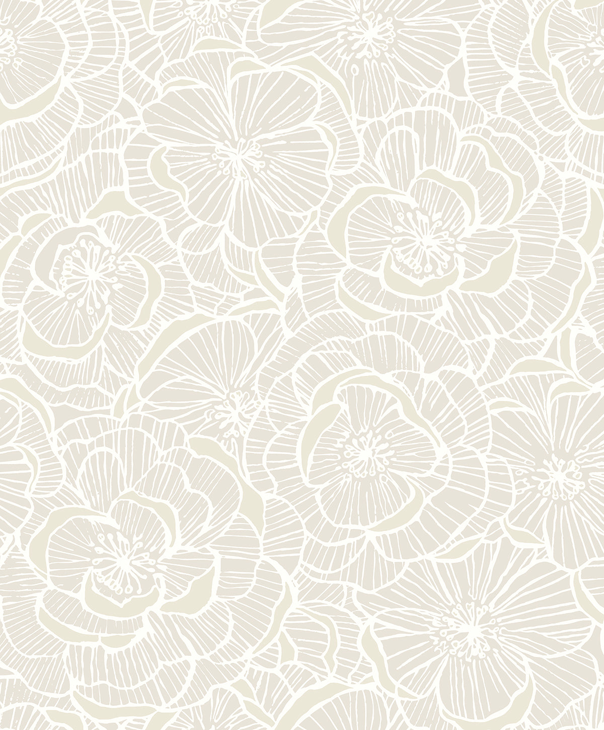 Camellia Floral peel and stick wallpaper in metallic pearl with oversized camellia outlines
