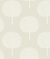 Tree Orchard peel and stick wallpaper pattern in Sea Salt with stylized white trees on a soft neutral background