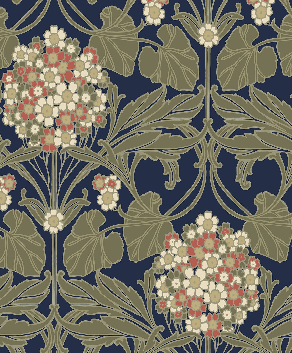 Vintage hydrangea floral peel and stick wallpaper in dark blue with terra cotta and cream blooms and olive foliage.