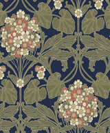 Vintage hydrangea floral peel and stick wallpaper in dark blue with terra cotta and cream blooms and olive foliage.