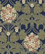 Vintage hydrangea floral peel and stick wallpaper in dark blue with terra cotta and cream blooms and olive foliage.