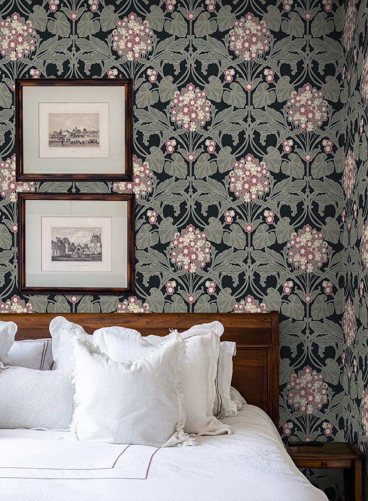 Hydrangea Floral Black & Rosewood by NextWall Peel & Stick Vintage Floral Wallpaper – NextWall NW60410