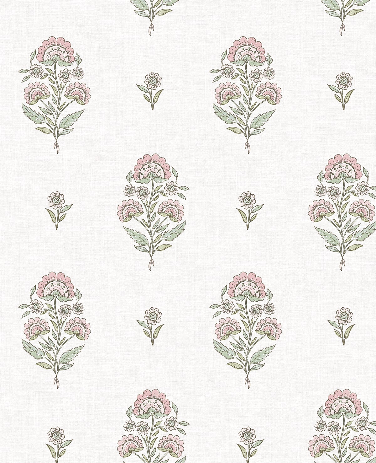 Floral Spot peel and stick wallpaper in Blush & Basil with small traditional floral bouquets on a light ground.