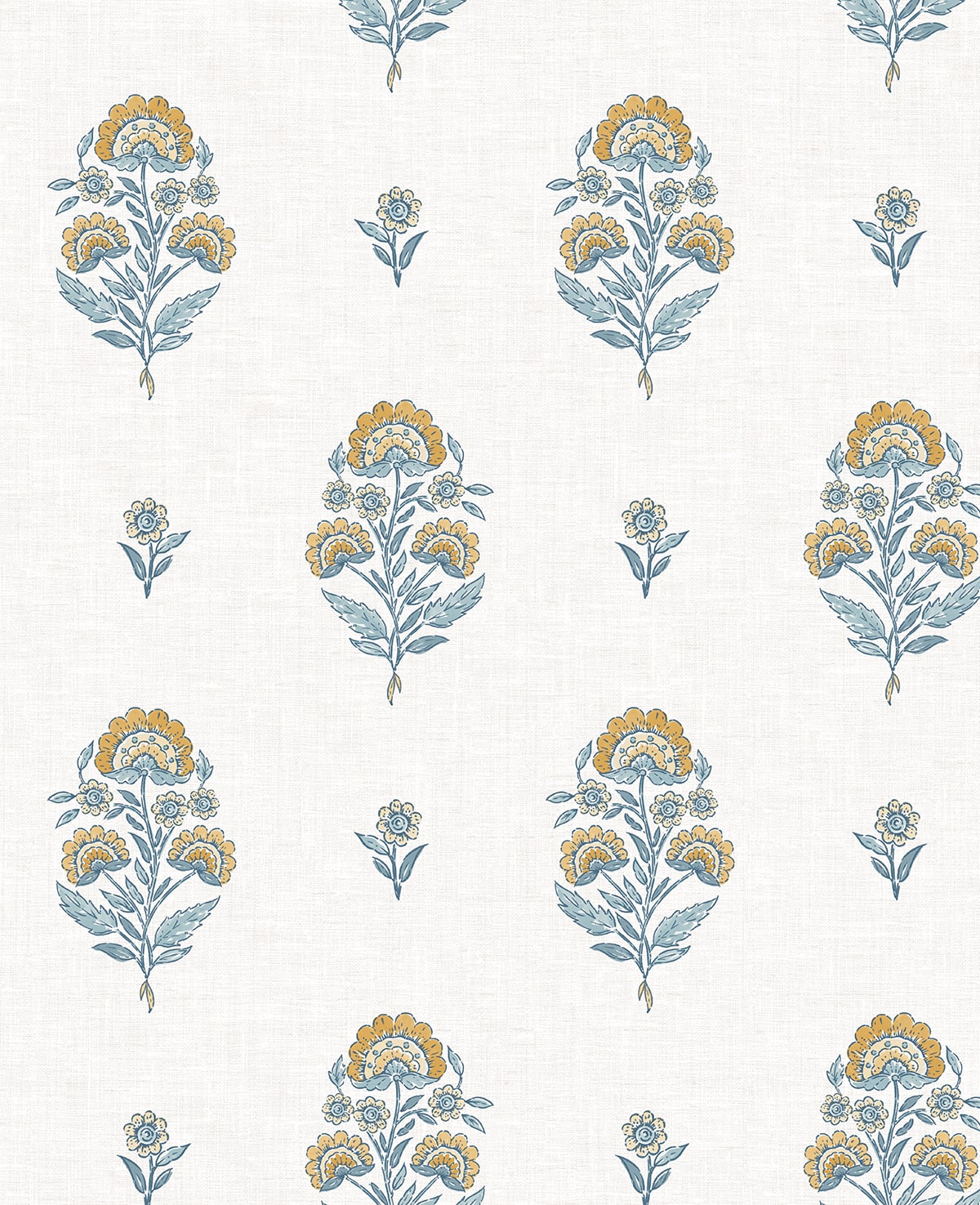 Floral Spot peel and stick wallpaper pattern in marigold yellow and seabreeze blue floral motifs on a light background