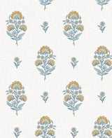 Floral Spot peel and stick wallpaper pattern in marigold yellow and seabreeze blue floral motifs on a light background
