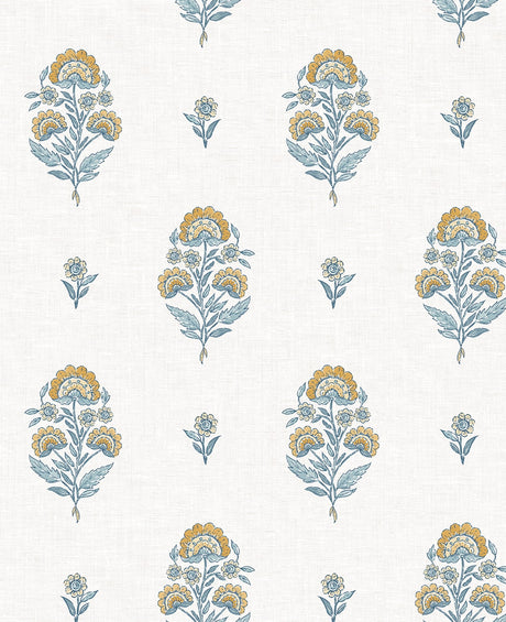 Floral Spot peel and stick wallpaper pattern in marigold yellow and seabreeze blue floral motifs on a light background
