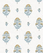 Floral Spot peel and stick wallpaper pattern in marigold yellow and seabreeze blue floral motifs on a light background