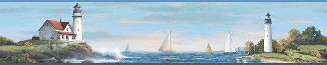 Sailing Lighthouse Blue & Green Prepasted Wallpaper Border with Nautical Lighthouse & Sailboat Motif - York NY4815BD