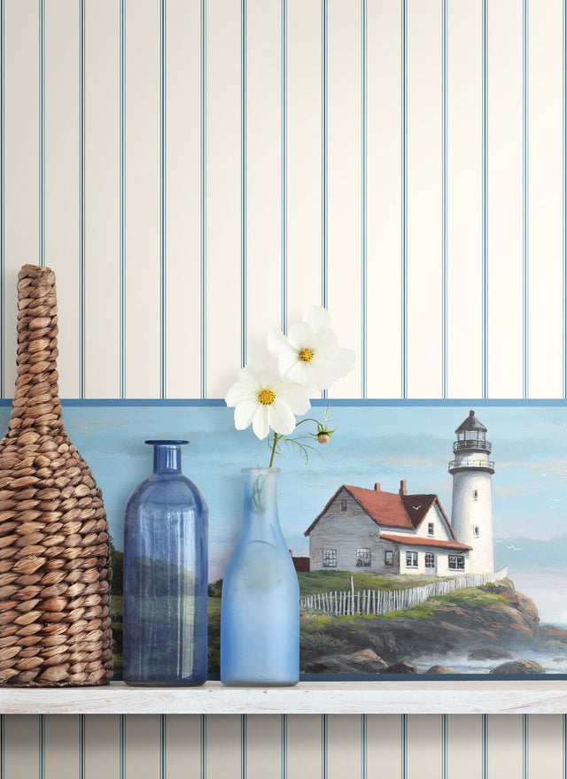 Sailing Lighthouse Blue & Green Prepasted Wallpaper Border with Nautical Lighthouse & Sailboat Motif - York NY4815BD