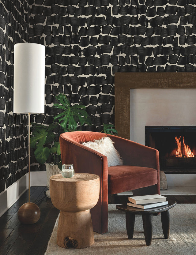 Brushed Ink Black Wallpaper with Calligraphy Brushstroke Pattern - York OI0651