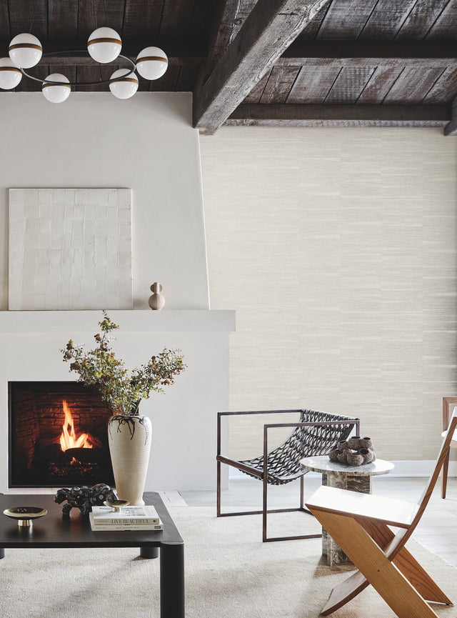 Line Stripe Putty Wallpaper with Metallic Textured Grasscloth Motif - York OI0666