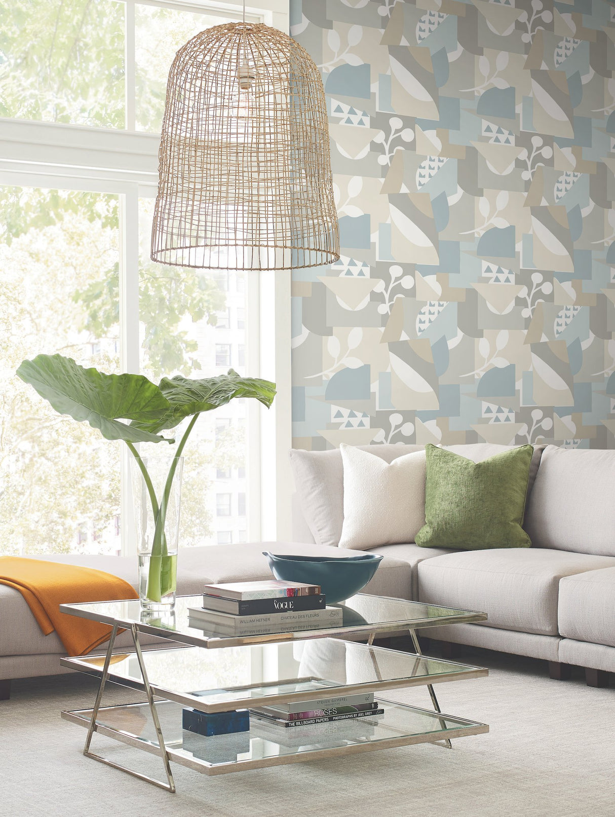 Cut Outs Sky Blue Geometric Wallpaper with Modern Abstract Leaf Motif - York OI0673