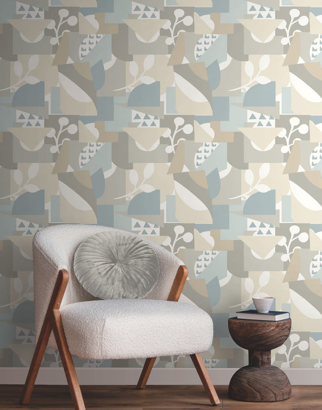 Cut Outs Sky Blue Geometric Wallpaper with Modern Abstract Leaf Motif - York OI0673