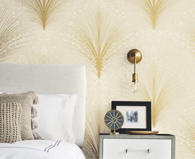 Papyrus Plume Beige Botanical Metallic Wallpaper - York OI0681