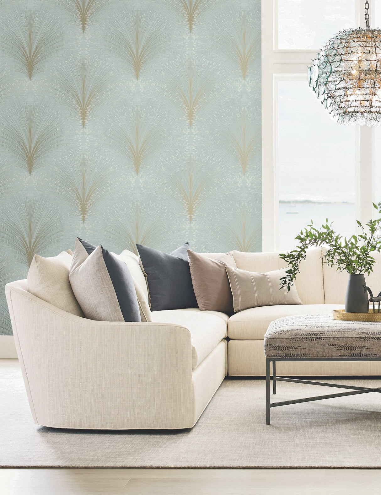 Papyrus Plume Sage Wallpaper with Metallic Botanical Motif - York OI0682