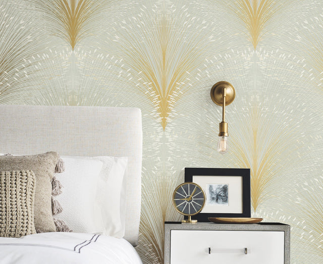 Papyrus Plume Sage Wallpaper with Metallic Botanical Motif - York OI0682