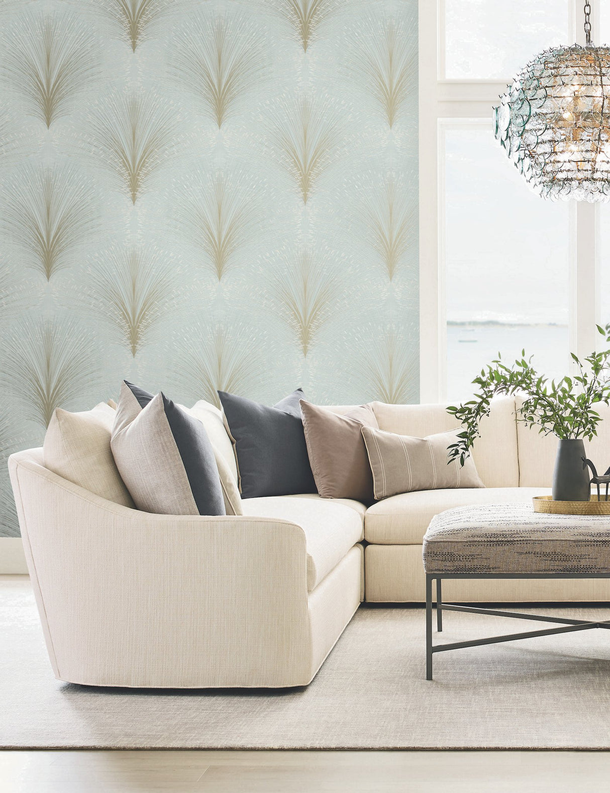 Papyrus Plume Ivory Metallic Wallpaper with Botanical Feathered Grass Motif - York OI0683
