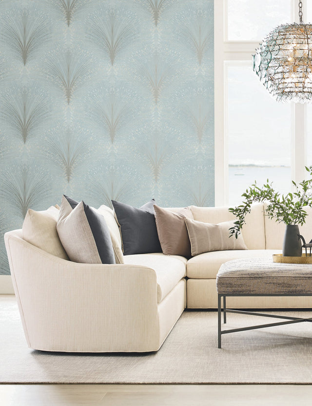 Papyrus Plume Sky Blue Wallpaper with Metallic Botanical Motif - York OI0685