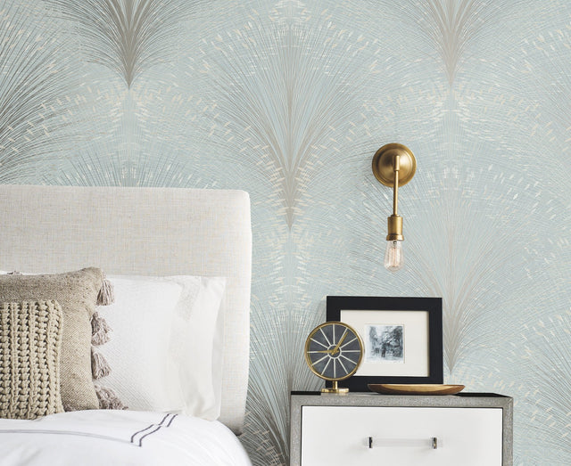 Papyrus Plume Sky Blue Wallpaper with Metallic Botanical Motif - York OI0685