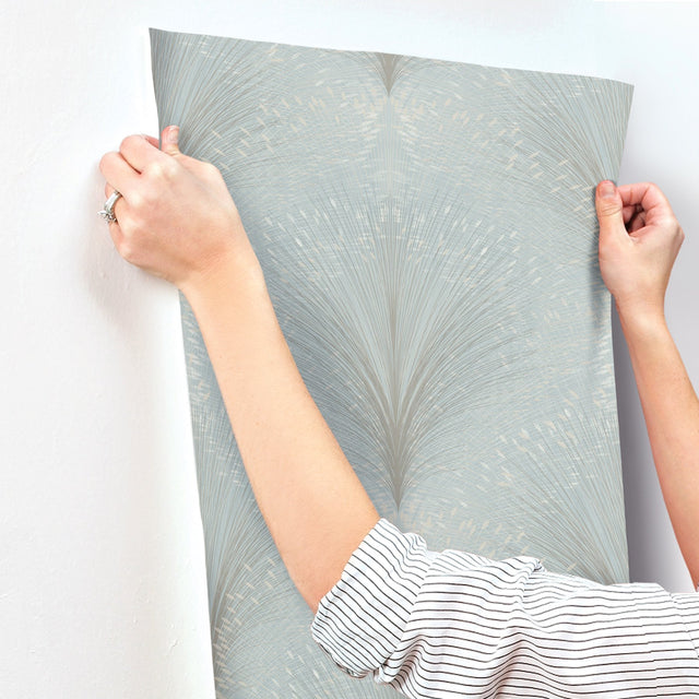 Papyrus Plume Sky Blue Wallpaper with Metallic Botanical Motif - York OI0685