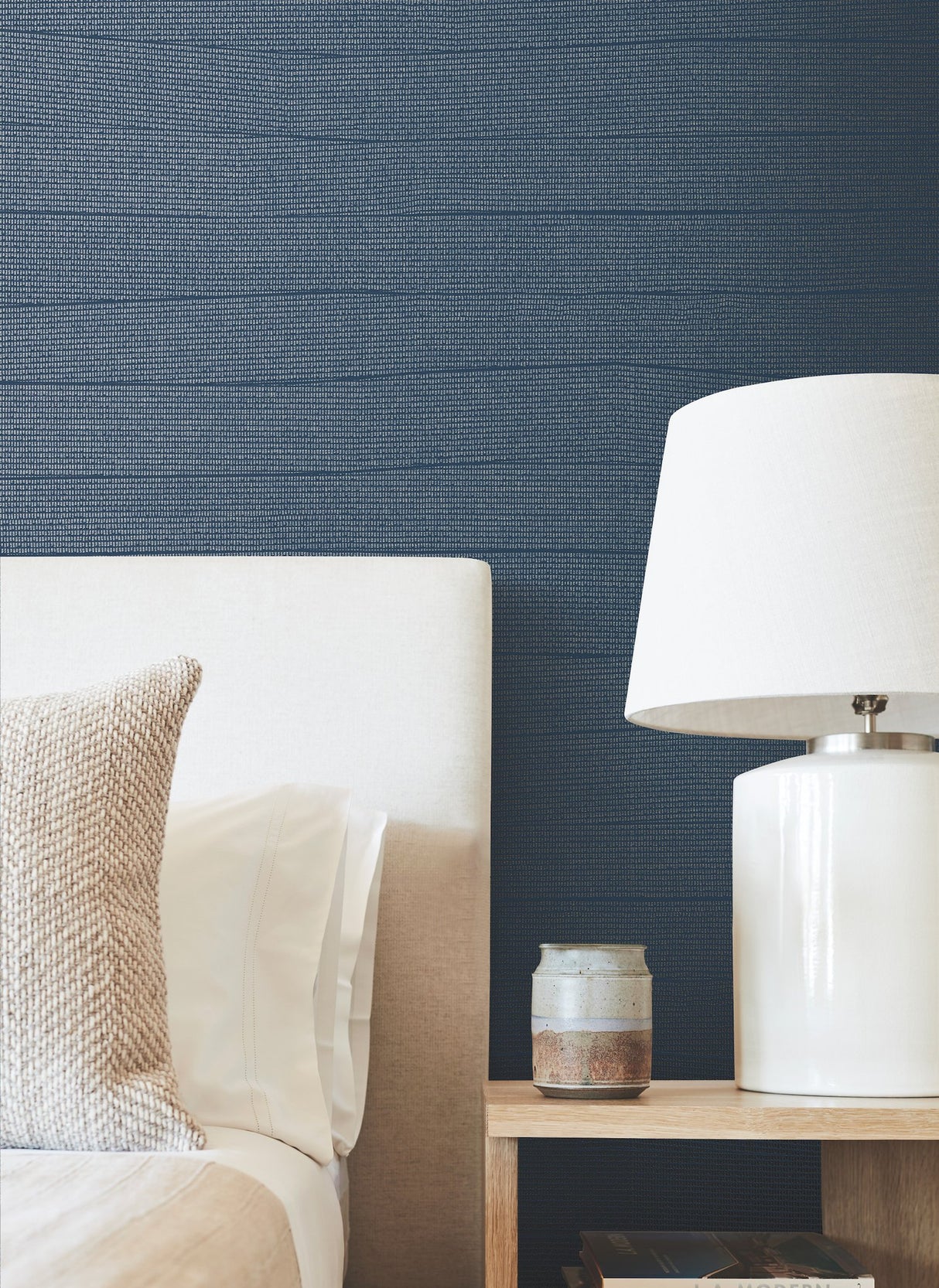 Natural Grid Navy Wallpaper with Metallic Geometric Lattice - York OI0694