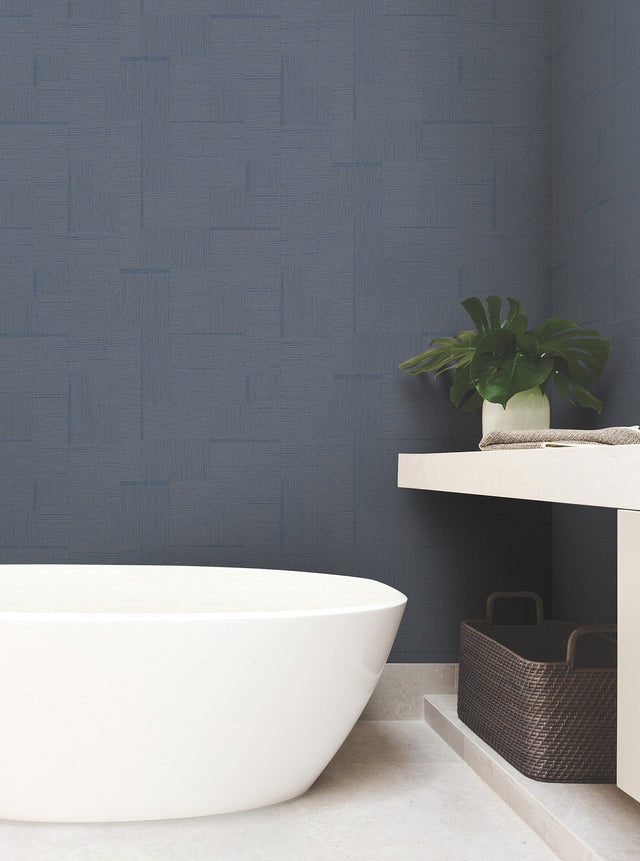 Contour Navy Geometric Metallic Vinyl on Non Woven Wallpaper - York OI0706