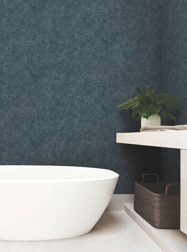 Modern Wood Indigo Wallpaper with Metallic Raised Ink Geometric Woodgrain Pattern - York OI0714