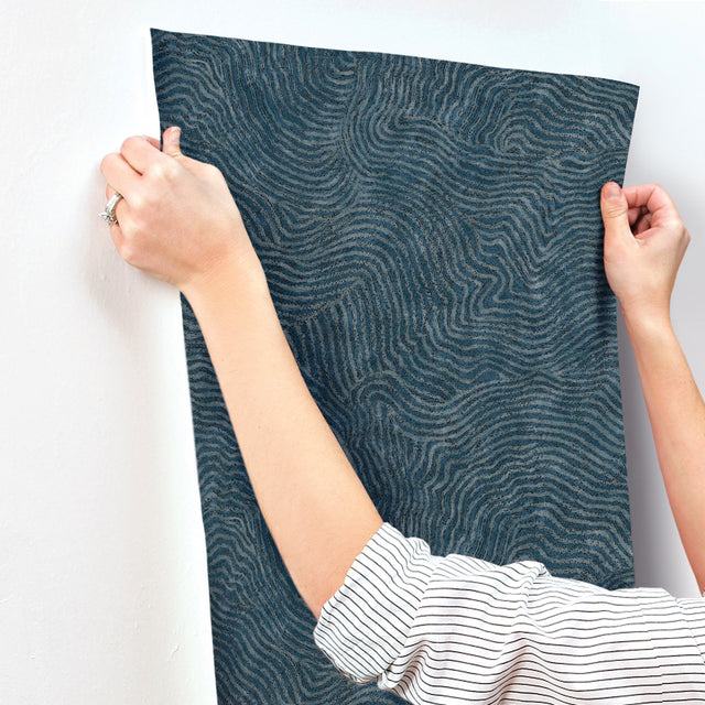 Modern Wood Indigo Wallpaper with Metallic Raised Ink Geometric Woodgrain Pattern - York OI0714