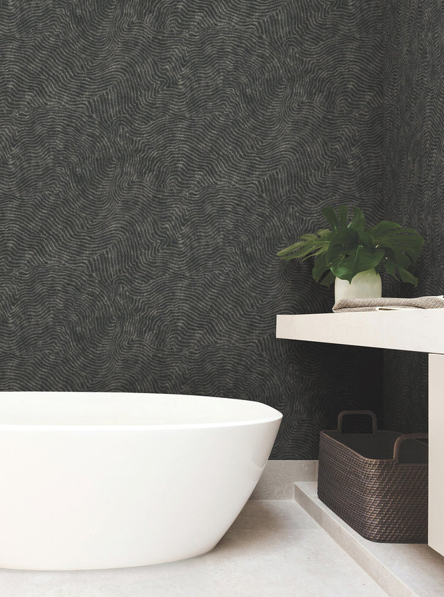 Modern Wood Black Geometric Wallpaper with Metallic Raised Ink - York OI0716