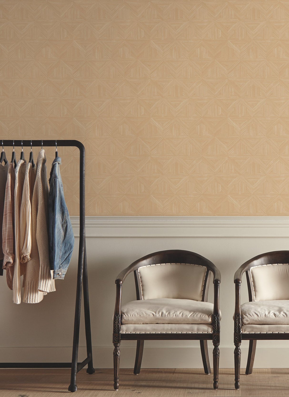 Parquet Tan Wallpaper with Geometric Wood Parquet Pattern- Magnolia Home Sure Strip - York OM3622