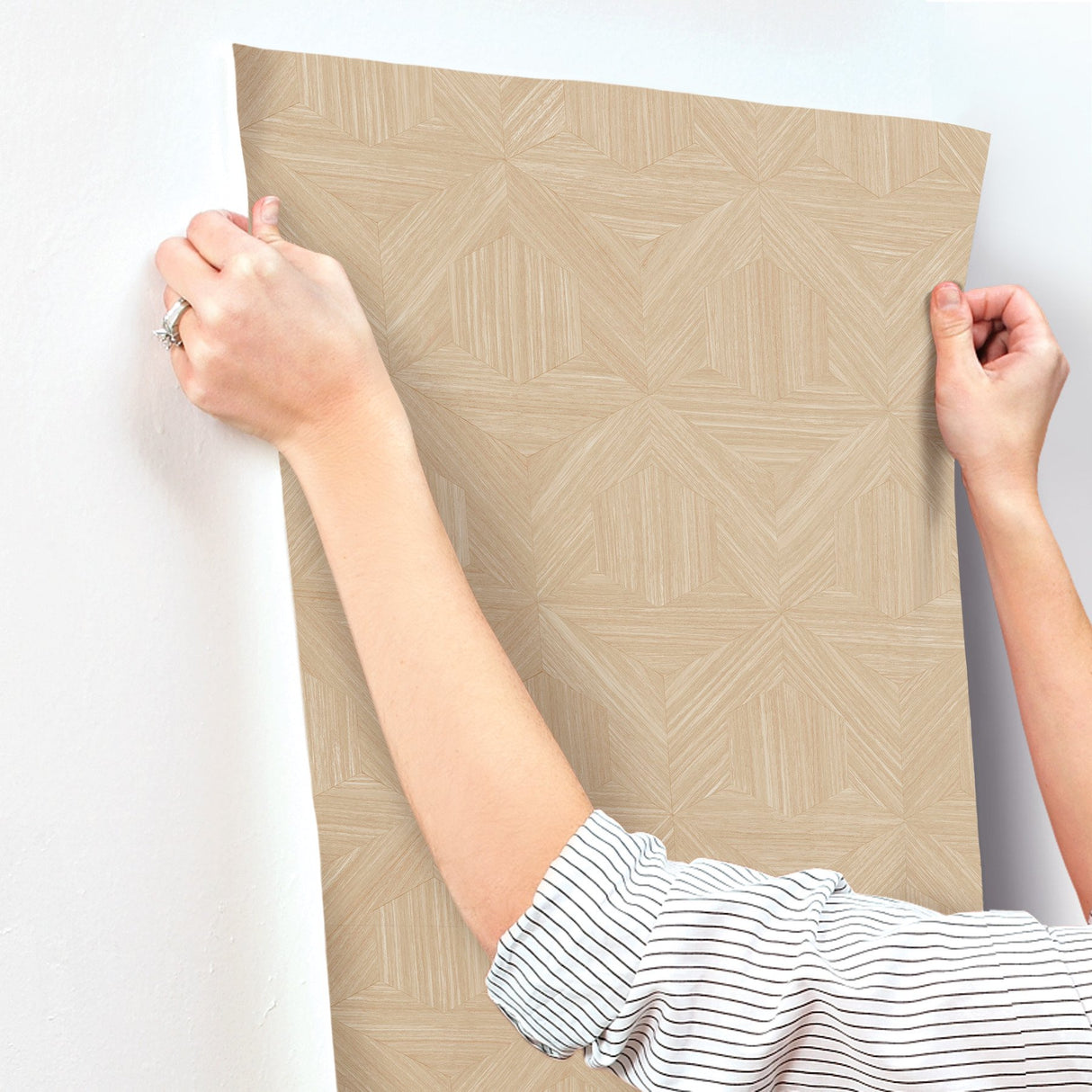 Parquet Tan Wallpaper with Geometric Wood Parquet Pattern- Magnolia Home Sure Strip - York OM3622
