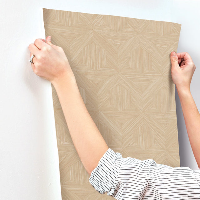 Parquet Tan Wallpaper with Geometric Wood Parquet Pattern  Magnolia Home Sure Strip - York OM3622