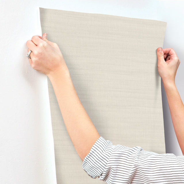 Washed Linen Cotton Beige Prepasted Wallpaper, Sure Strip Solids - York OM3661