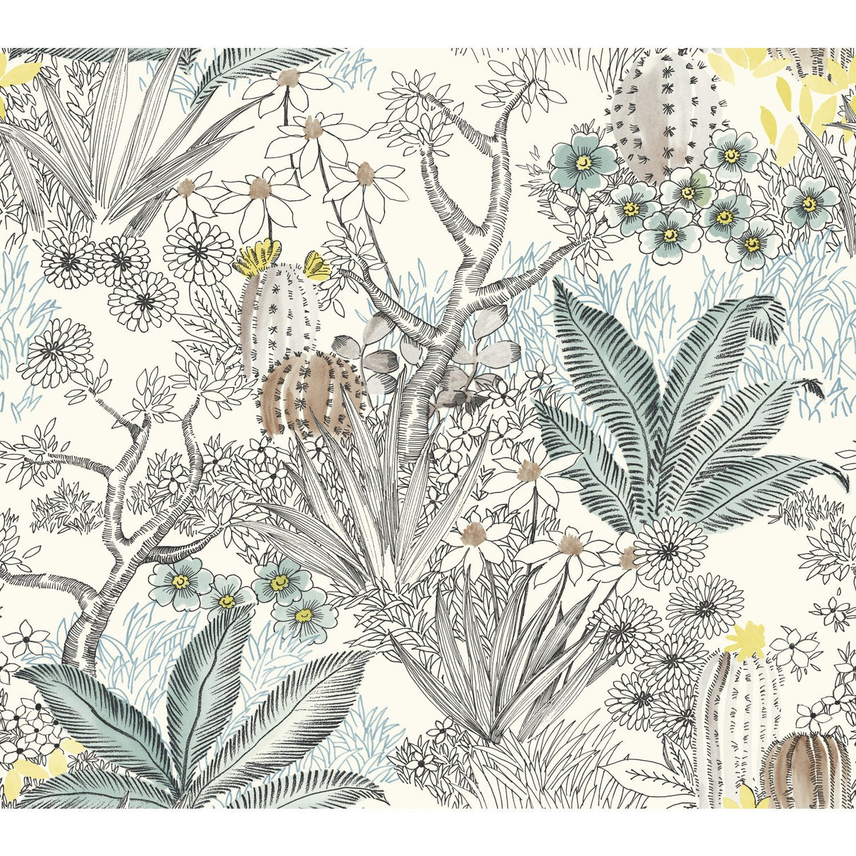 Flowering Desert Black Wallpaper with Southwestern Floral Sketch Motif - York ON1611
