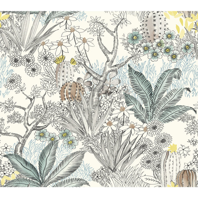Flowering Desert Black Wallpaper with Southwestern Floral Sketch Motif - York ON1611