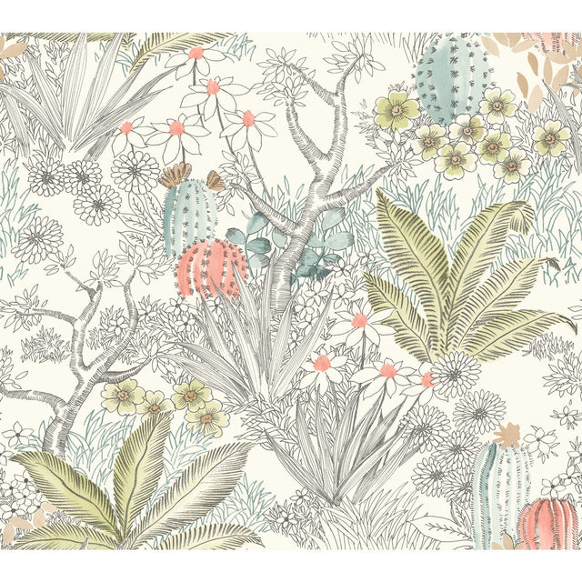 Flowering Desert Grey Wallpaper with Southwestern Floral and Cactus Motif - York ON1613