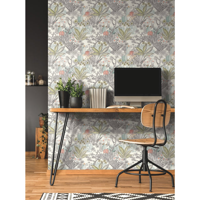 Flowering Desert Grey Wallpaper with Southwestern Floral and Cactus Motif - York ON1613