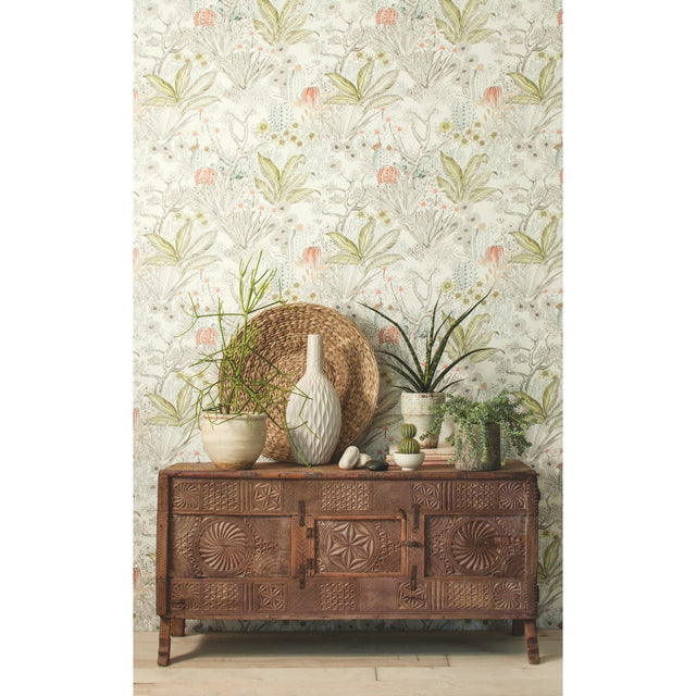 Flowering Desert Grey Wallpaper with Southwestern Floral and Cactus Motif - York ON1613