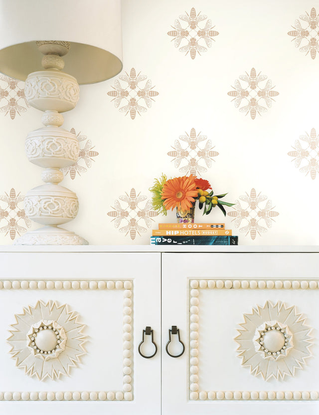 Honey Bee Gold & Cream Wallpaper with Metallic Bee Medallion Pattern - York ON1641