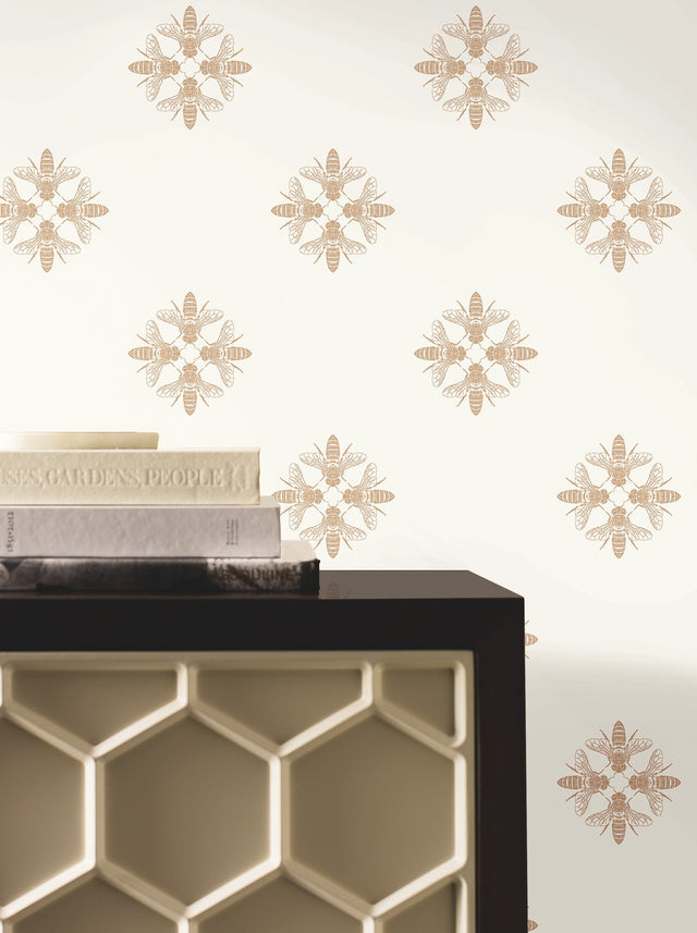 Honey Bee Gold & Cream Wallpaper with Metallic Bee Medallion Pattern - York ON1641