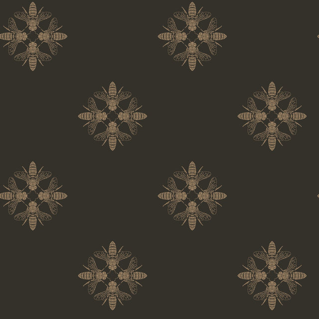 Honey Bee Gold & Black Wallpaper with Metallic Bee Medallion Pattern - York ON1642