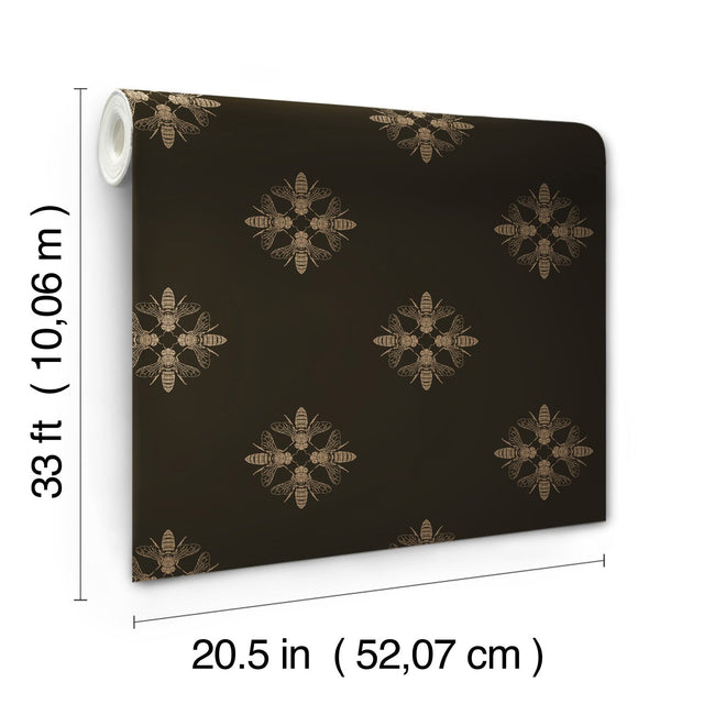 Honey Bee Gold & Black Wallpaper with Metallic Bee Medallion Pattern - York ON1642