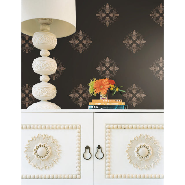 Honey Bee Gold & Black Wallpaper with Metallic Bee Medallion Pattern - York ON1642