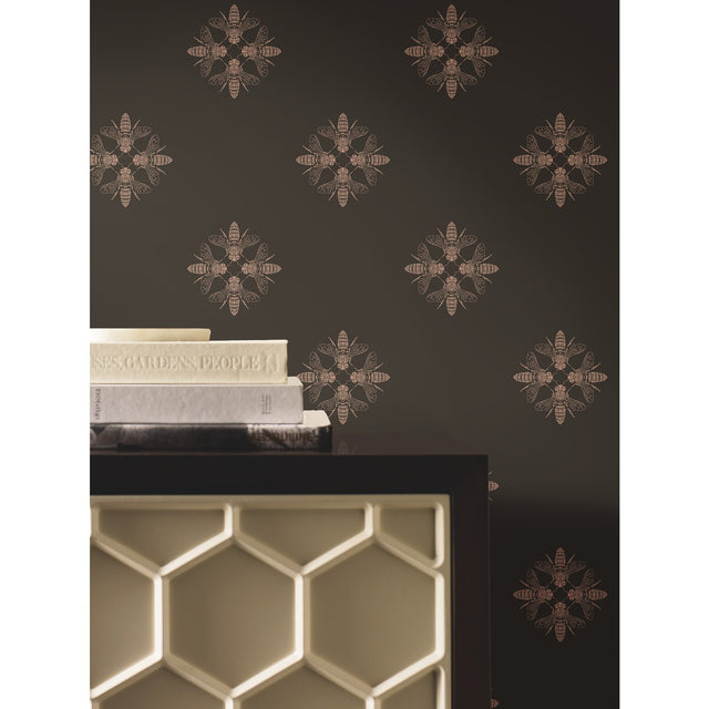 Honey Bee Gold & Black Wallpaper with Metallic Bee Medallion Pattern - York ON1642