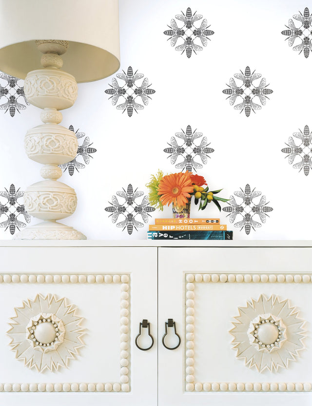 Honey Bee Black & White Wallpaper with Bee Medallion Motif - York ON1643