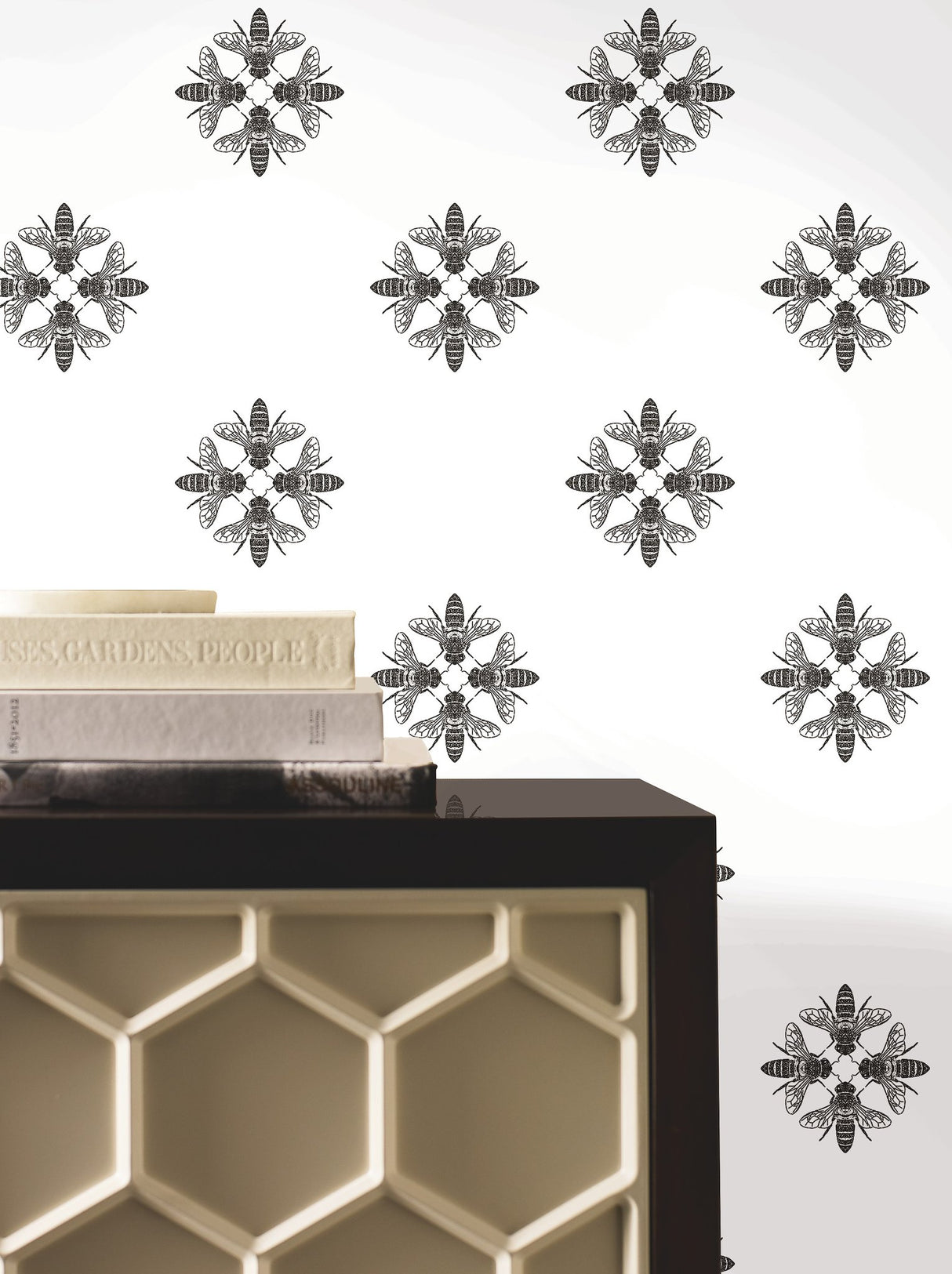 Honey Bee Black & White Wallpaper with Bee Medallion Motif - York ON1643