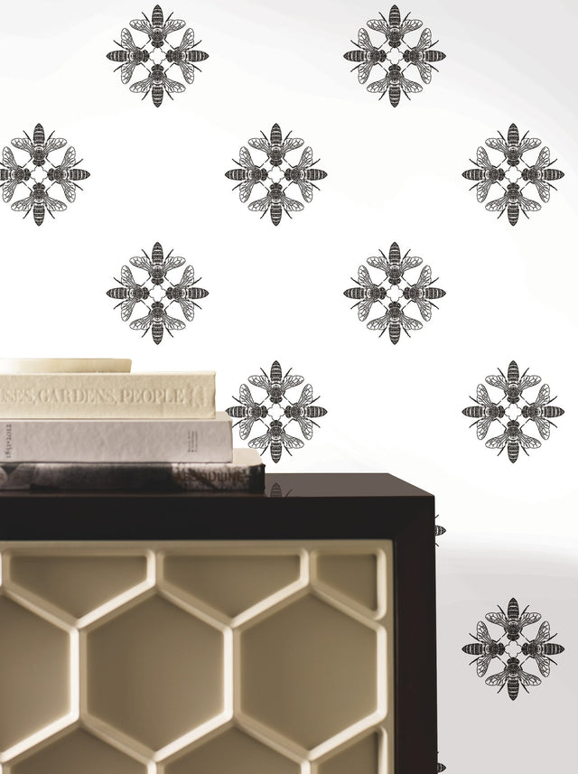 Honey Bee Black & White Wallpaper with Bee Medallion Motif - York ON1643
