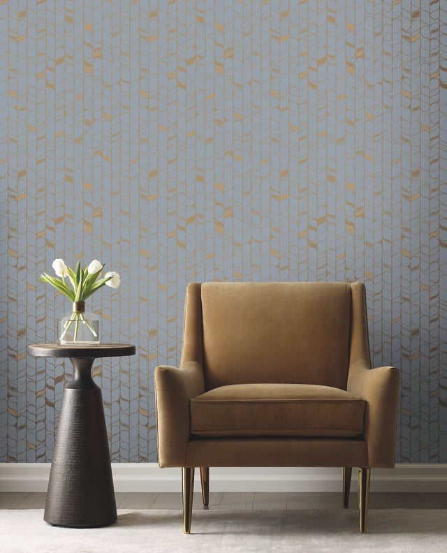 Perfect Petals Blue & Gold Wallpaper with Metallic Organic Stem Motif - York OS4202